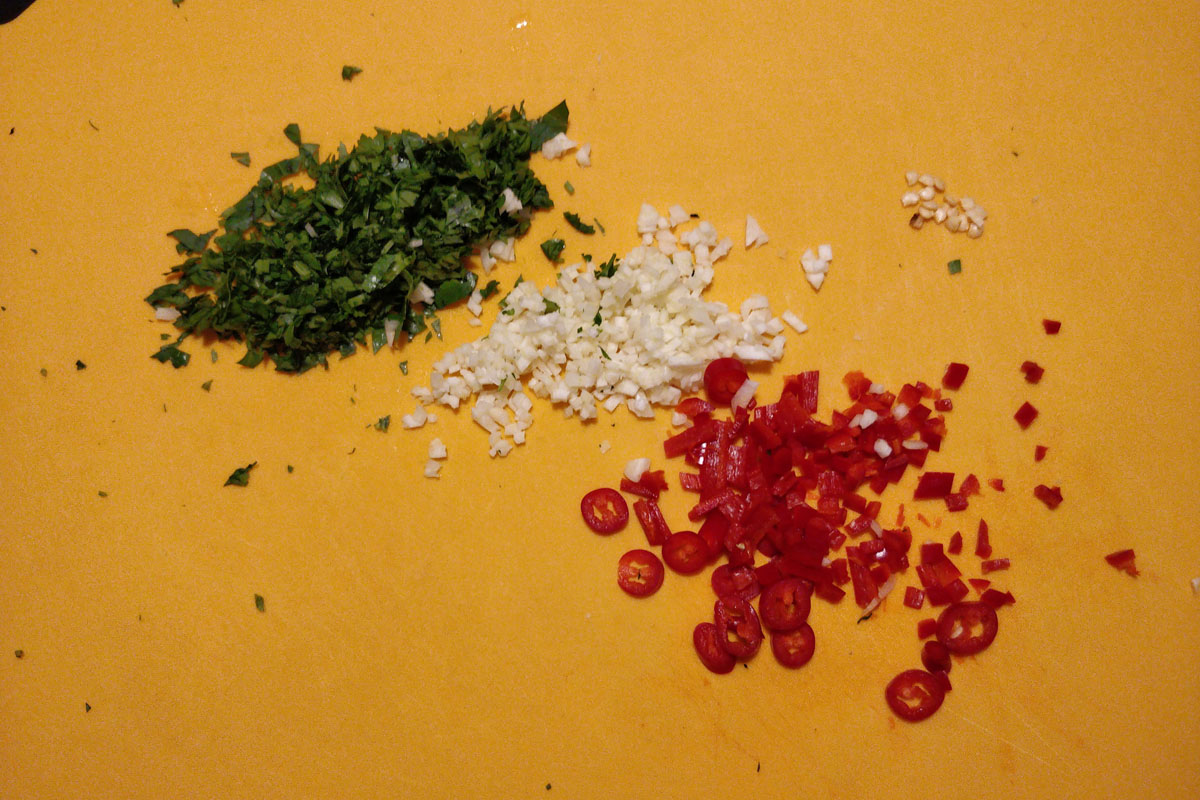 Chopped parsley, garlic, red hot chili peppers