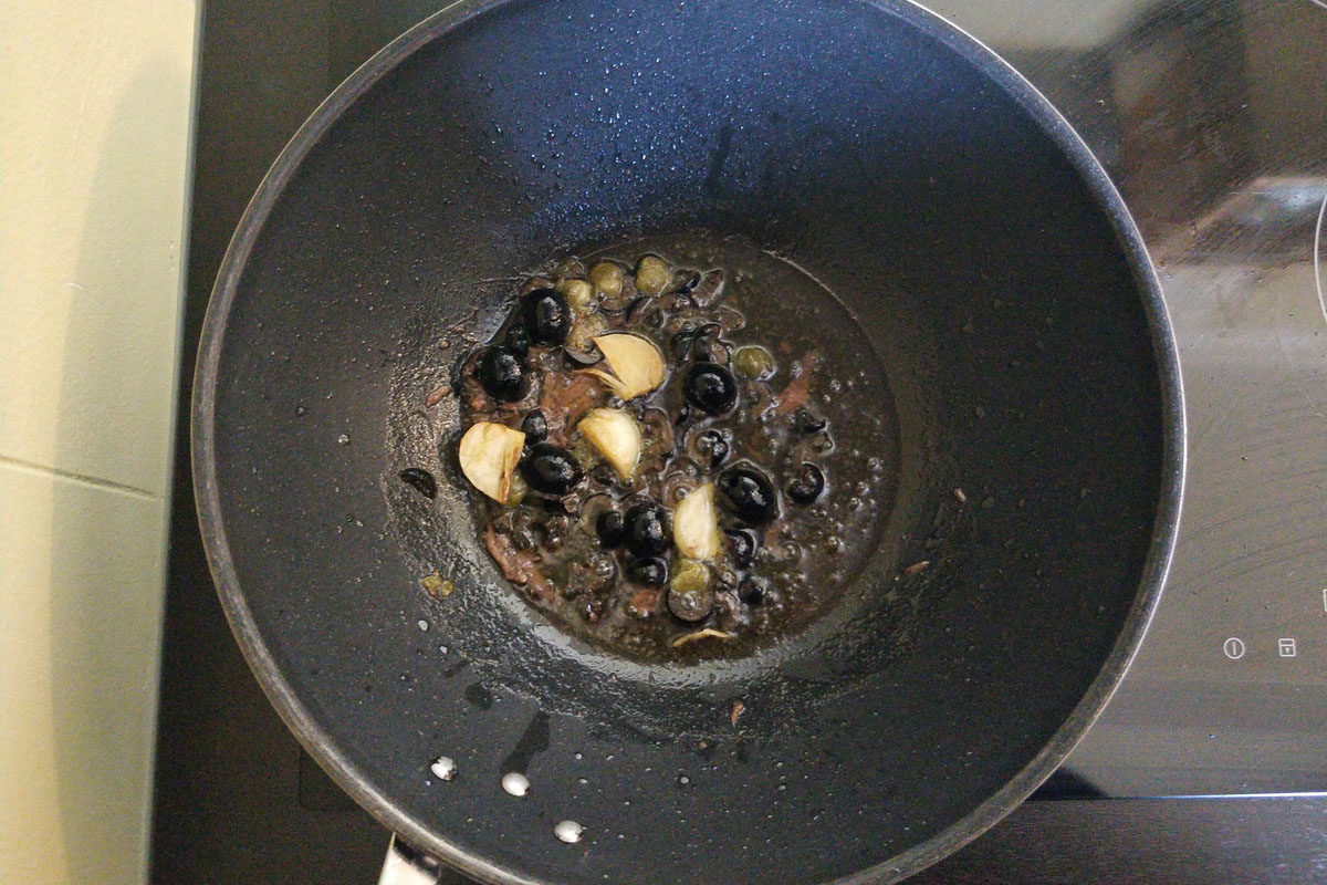 Oil, capers, olives, garlic